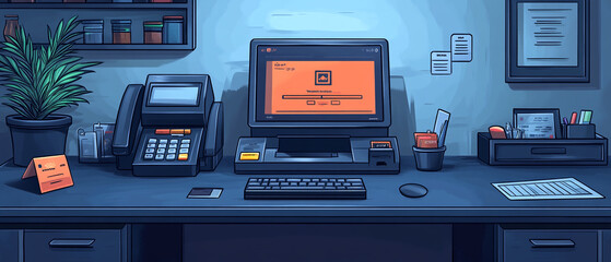 A modern office workspace featuring a computer, printer, phone, and organized desk accessories in a serene environment.