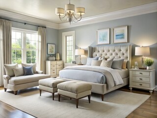 Cream-colored upholstery and walls in subtle beige, gentle gray, and soft blue hues blend harmoniously to evoke a