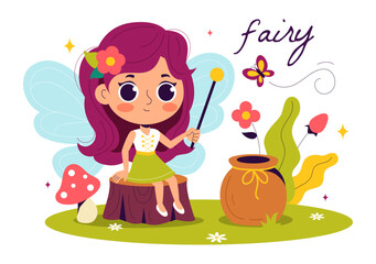 Beautiful Flying Fairy Vector Illustration with Elf, Landscape, Tree, and Green Grass in a Flat Style Kids Cartoon Background