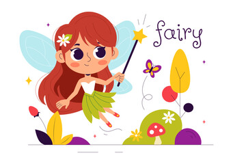 Beautiful Flying Fairy Vector Illustration with Elf, Landscape, Tree, and Green Grass in a Flat Style Kids Cartoon Background