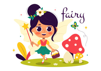 Naklejka premium Beautiful Flying Fairy Vector Illustration with Elf, Landscape, Tree, and Green Grass in a Flat Style Kids Cartoon Background