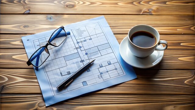Business plan blueprint on a wooden desk with coffee and glasses, strategic planning concept