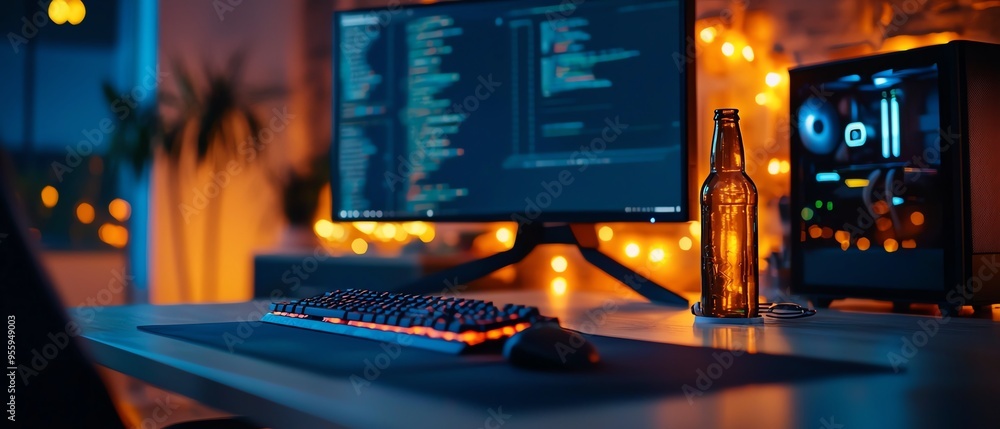 Wall mural cozy home office setup with a computer monitor displaying code, keyboard, mouse, and a bottle, illum