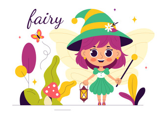 Beautiful Flying Fairy Vector Illustration with Elf, Landscape, Tree, and Green Grass in a Flat Style Kids Cartoon Background