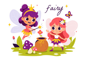 Beautiful Flying Fairy Vector Illustration with Elf, Landscape, Tree, and Green Grass in a Flat Style Kids Cartoon Background