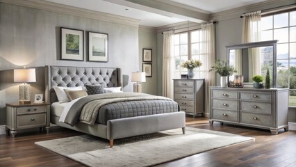 Fototapeta premium Elegant and sleek, the gray contemporary furniture set comprises an upholstered bed, dresser, nightstand, and mirror,