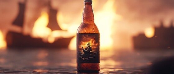 Close-up of a bottle with a burning ship label against a fiery background, evoking themes of adventure, danger, and fantasy.