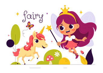 Beautiful Flying Fairy Vector Illustration with Elf, Landscape, Tree, and Green Grass in a Flat Style Kids Cartoon Background