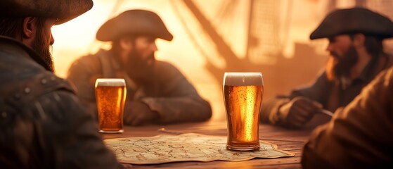 Historical setting with men dressed as pirates enjoying glasses of beer around a table, creating a warm and social atmosphere.