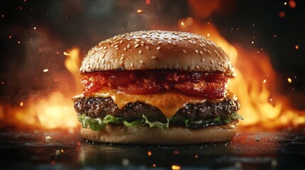 A burger with flames around it, suggesting extreme heat or danger.
