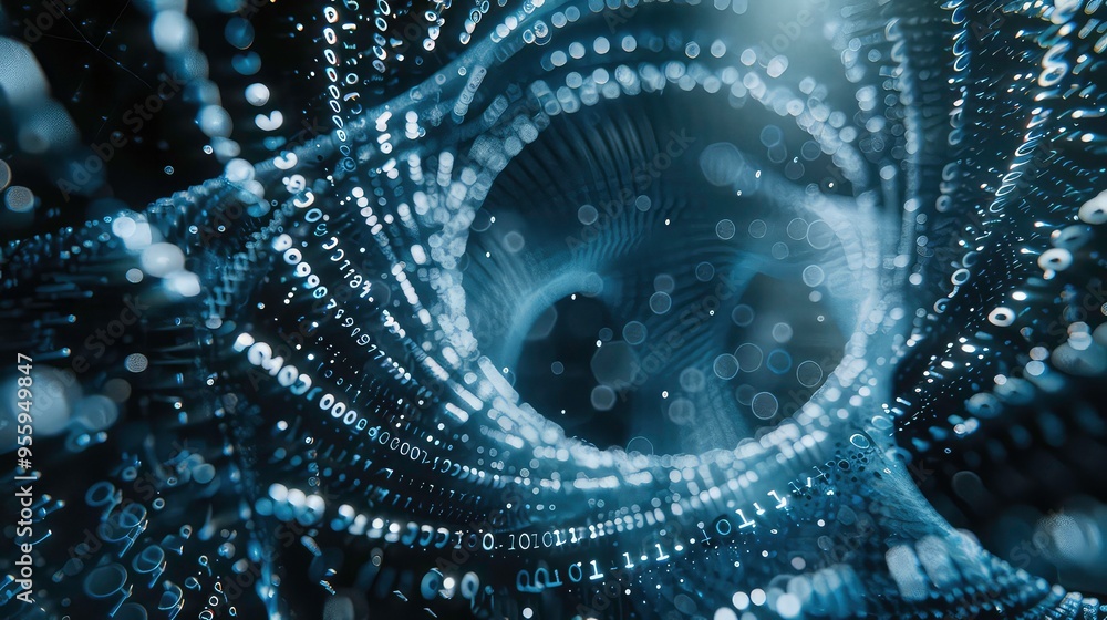 Poster abstract blue and white binary code swirling through a dark tunnel.