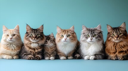 Various Domestic Cats Posing Together on Ethereal Duck Egg Blue Background