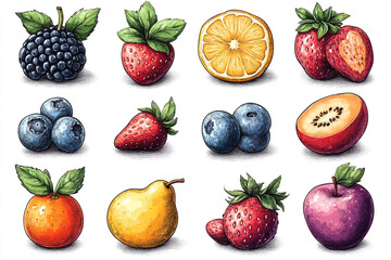 A vibrant collection of hand-drawn fruits including strawberries, blueberries, oranges, and more, showcasing fresh, colorful designs.