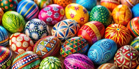Fototapeta premium Colorful easter eggs in various designs and patterns, easter, eggs, vibrant, colors, spring, festive, holiday