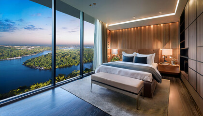 Modern and luxurious master bedroom with views of a river in the city condo or hotel accommodations