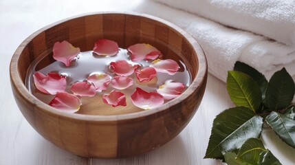 Rose Petal Foot Bath: A wooden bowl filled with water and rose petals for a luxurious spa experience. Perfect for aromatherapy, relaxation, and self-care. 