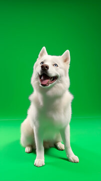 A white husky with blue eyes in a happy pose on a green background. AI generative