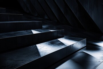 A shadowy metallic realm features angular forms rising from the darkness, embodying themes of solitude and advanced machinery.