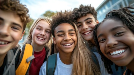 Obraz premium Four Diverse Teenagers Smiling Together in Front of School Building