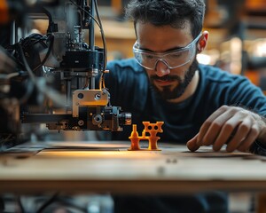 A focused engineer works on a 3D printer, creating a detailed model in a modern workshop environment, showcasing innovation and technology.