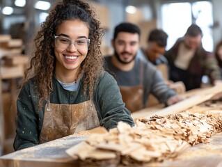 A joyful artisan works in a wood workshop, focusing on craftsmanship while surrounded by fellow woodworkers and wooden materials.
