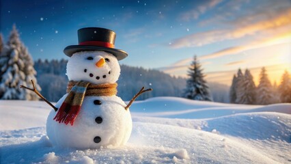 Obraz premium Snowman standing in a snowy landscape with a carrot nose and top hat, winter, cold, frosty, festive, holiday, carrot, top hat