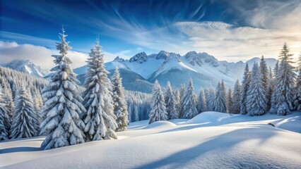 Fototapeta premium Snowy mountain landscape with trees covered in snow, winter, cold, frosty, scenic, white, frozen, serene, icy, snowy