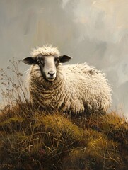 Obraz premium A sheep grazes on the slope of a verdant hill.