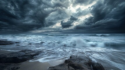 A tempestuous sky casts a shadow over an empty shore, where crashing waves reveal the stark contrast of natures splendor and the effects of climate change.