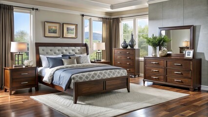 Gorgeous Modern bedroom set comprising bed, dresser, and nightstands, available for purchase in Chesterfield, ideal for
