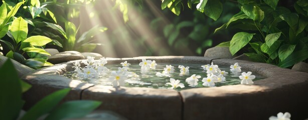 Serene Stone Basin: Sunlight streams through verdant foliage, illuminating a stone basin overflowing with white blossoms. A tranquil, mystical scene evokes peace and serenity. 