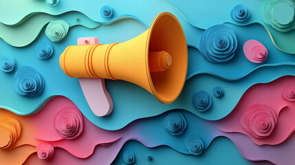 Creative paper art design featuring a colorful megaphone on an abstract background, perfect for marketing and communication themes.