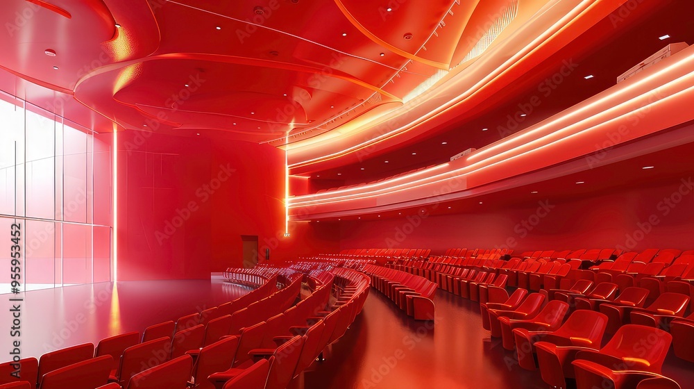 Poster empty auditorium with rows of red seats and a curved ceiling.