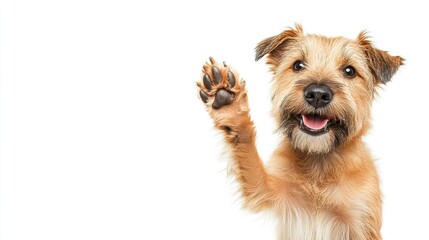 happy dog giving a high five isolated on white, with copy space area.