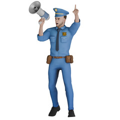 Professional Male Cartoon Police in 3D. A male policeman stands with his left leg slightly raised upwards while his right hand holds the loudspeaker and his left hand points upwards. Cop Character