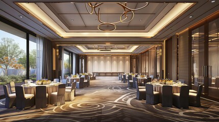 Modern banquet hall interior with black chairs and white linens, large windows with a view of trees and a gold chandelier.