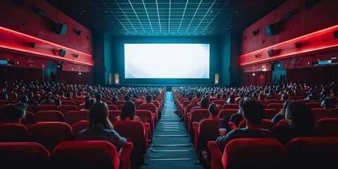 Large movie screen and individuals seated in crimson seats inside a movie theater, with blurred figures observing the film.