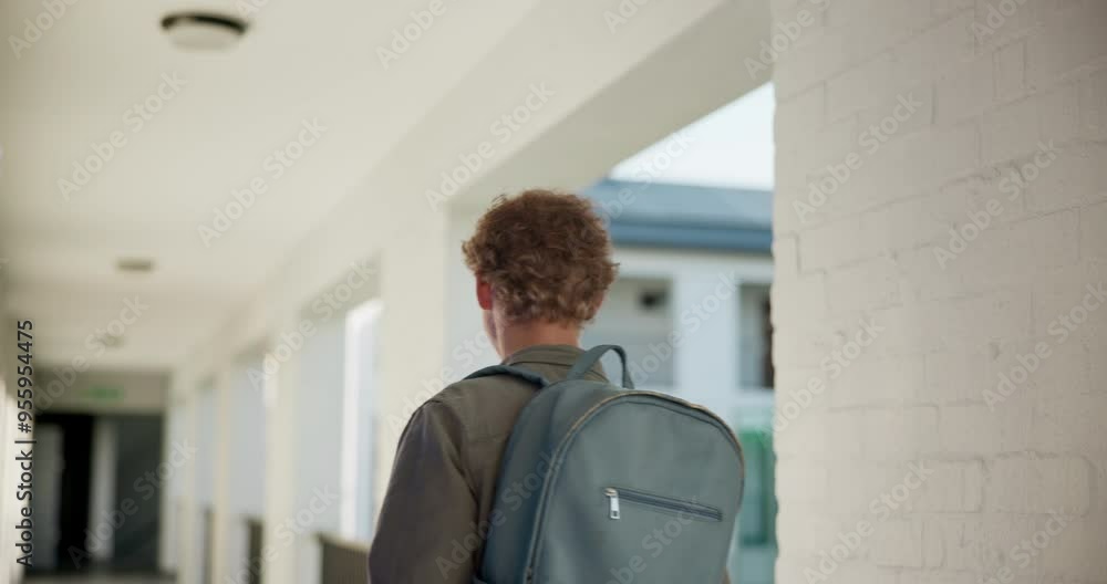 Poster Student, locker and man with university, education and learning on campus with walking in corridor. College, school and hallway with backpack for class, final exam and test preparation or study