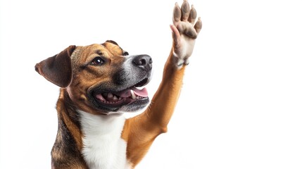 Obraz premium happy dog giving a high five isolated on white, with copy space area.