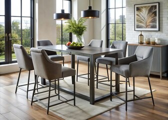 Fototapeta premium In a modern pub-inspired setting, a minimalist black metal dining table and plush gray chairs converge, creating a
