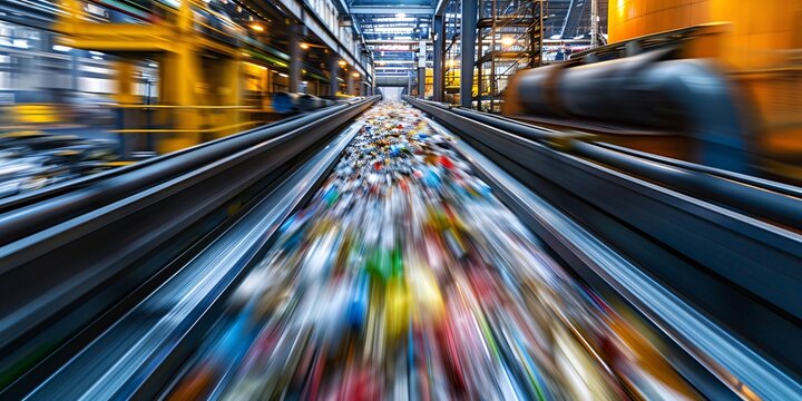 Dynamic waste sorting and processing system utilizing a conveyor belt to transport RDF in an industrial recycling plant with a motion blur effect.