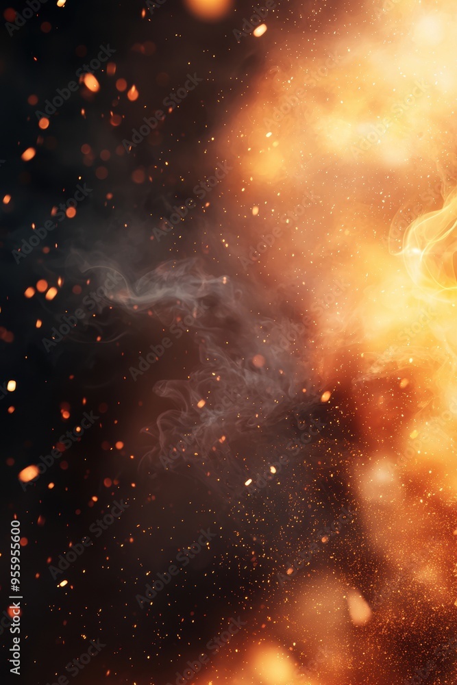 Poster dynamic explosion with fiery particles and smoke creating a dramatic atmosphere in a dark background