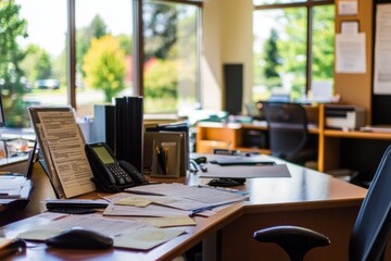 A career advisor helping with professional certifications and qualifications. Office with certification guides and application