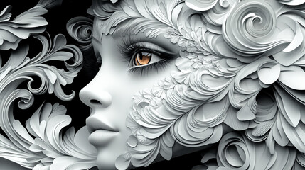 Intricate floral design intertwines with a delicate face, showcasing beauty and artistry in a stunning monochrome composition.