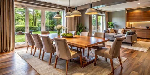In this inviting dining room, a stylish modern wooden table is complemented by comfortable chairs, creating a warm