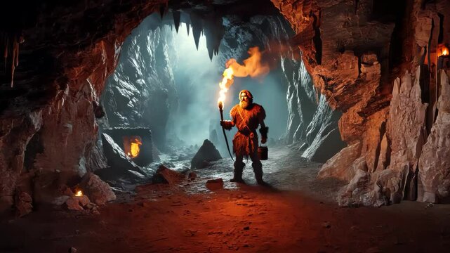 Caveman Holding Torch in Ancient Cave with Flickering Shadows and Rough Rocky Surroundings