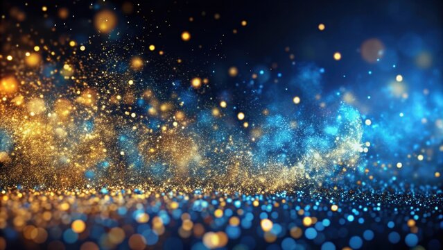 Abstract background with moving blue and gold particles, hintergrund, blau, gold, partikel, bewegung, abstrakt, grafik