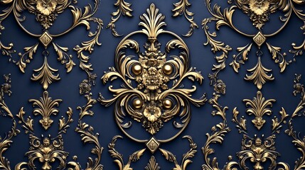 Regal Whimsy - Intricate 3D Baroque Patterns with Metallic Accents on Deep Navy Background