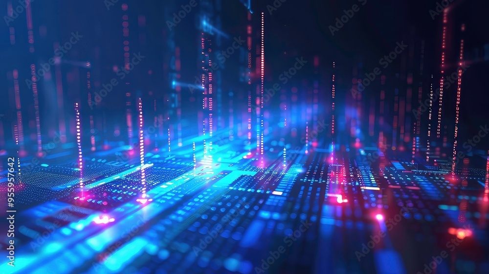Poster abstract digital data streams flow over a dark cityscapes with glowing lights, a futuristic concept 