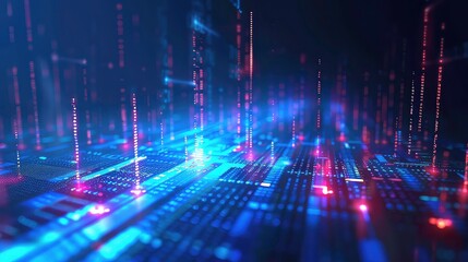 Abstract digital data streams flow over a dark cityscapes with glowing lights, a futuristic concept of data transfer.